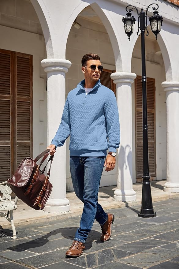 COOFANDY Mens Quarter Zip Pullover Quilted Sweatshirt Knit Long Sleeve Mock Neck Sweater Polo with Pocket
