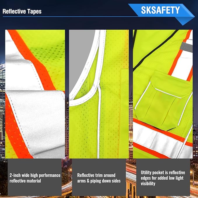 SKSAFETY Professional Class 2 High Visibility Safety Vest With Zipper - 10 Pockets, Reflective Strips, ANSI/ISEA Standard, Construction Work (Lime, 5XL)