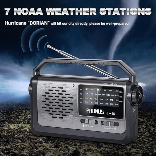 PRUNUS NOAA Weather AM FM Portable Radio,Battery Operated Radio by 3X D Cell Batteries or AC Power with Best Reception,Flashlight, Earphone Jack for Emergency Household&Outdoor,Plug in Wall by J15WB