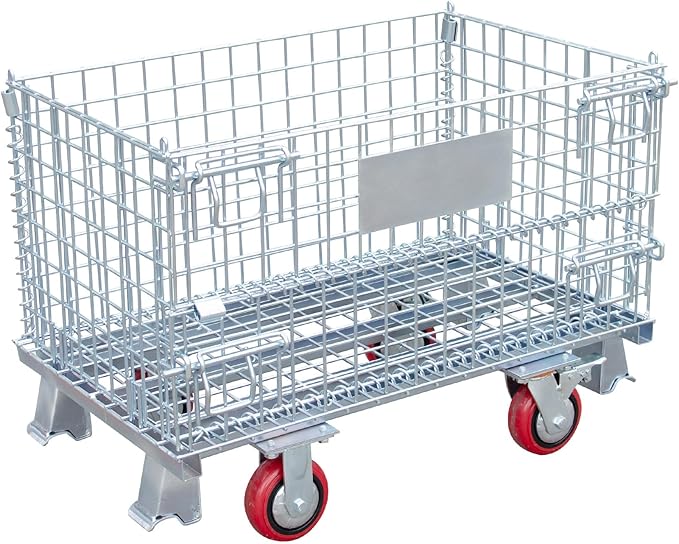Collapsible Wire Mesh Container with Casters, 32"x20"x24", 1500 lbs Heavy-Duty Steel Storage Bin, Stackable Industrial Material Handling Cart