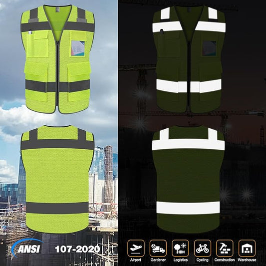 TCCFCCT High Visibility Reflective Safety Vest with 5 Pockets, ANSI/ISEA Class 2, Mesh-yellow-wolf 02, Medium