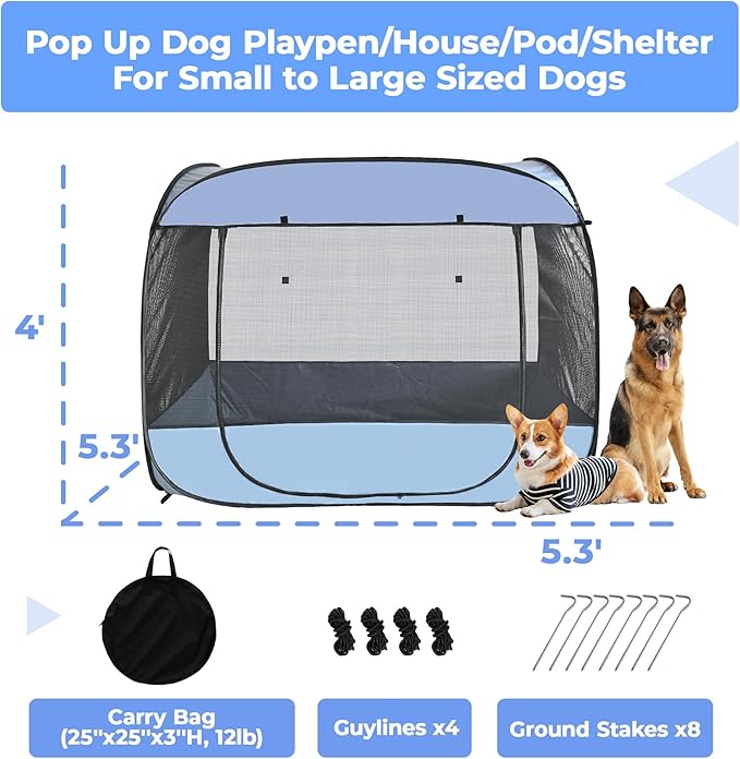 EighteenTekยฎ XLarge Popup Portable Dog Houses 5.3'x4'H Assembly-Free Gazebo-Style Dog Cot Cat Playpen Screen Pet Tent Sun Shade Shelter Dog Bed with Canopy for Outdoor, Anti-Bugs with Leakproof Bottom