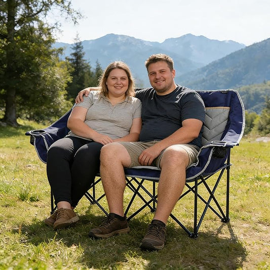 Double Camping Chair, Padded Loveseat Camping Couch, Oversized 2 Person Camp Chairs with Carry Bag,Heavy Duty Folding Lawn Chair for Adults Portable Outdoor Folding Sofa for Patio Backyard, Blue