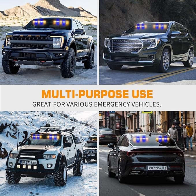 XRIDONSEN 2x 17 inch Amber Blue Emergency Dash Lights Interior Front/Rear Windshield Strobe Lights 40 LED Safety Flashing Warning Hazard Lights w/Suction Cups for Plow Trucks Construction Vehicles