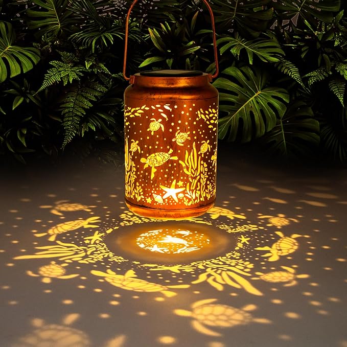 YISITEONE Sea Turtle Outdoor Solar Lanterns, Garden Waterproof Metal Hanging Decor Lights for Patio Yard Pathway Lawn Front Porch, Birthday Gardening Gifts for Women Mom Grandma