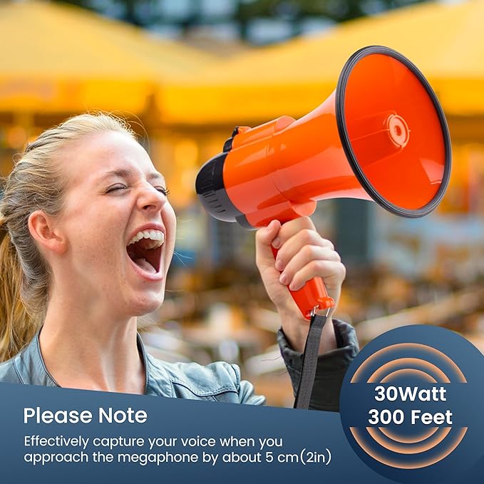 30 Watt Power Portable Megaphone Bullhorn Speaker Voice, Siren/Alarm and 240S Recording with Volume Control and Strap