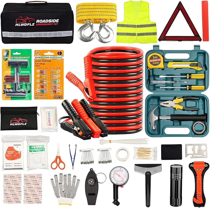 Car Roadside Emergency Kit,with13FT Jumper Cables,Winter Traveler Safety Emergency Kit with Blanket Shovel Triangle First Aid Kit for SUV RV