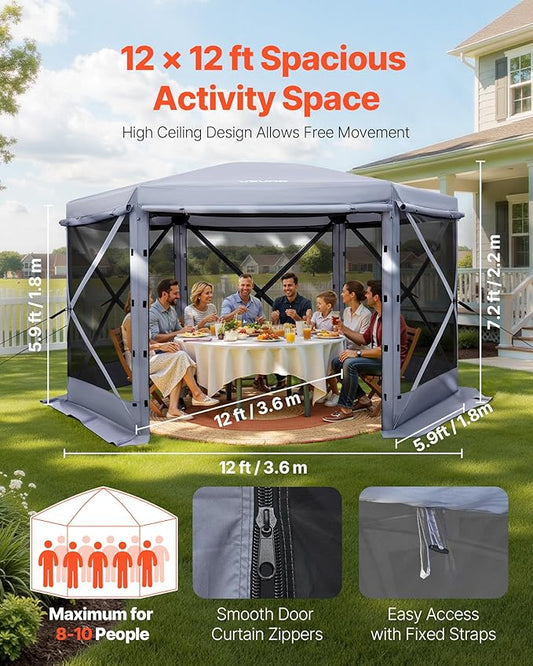 VEVOR Pop up Gazebo Screen Tent, 12 x 12 ft Large 6-Sided Camping Canopy Tent with Removable Top & Carry Bag, Quick-Set & Bite-Proof, Screen House Sun Shelter for 8-10 Persons Backyard Patio, Grey