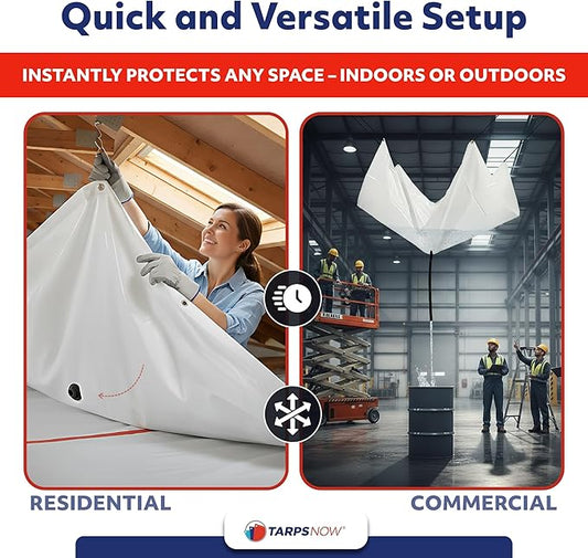 Heavy Duty Ceiling Leak Diverter Tarp with Drain Flange - Roof Water Diverter for Emergency Leaks - Water Leak Catcher with D-Rings - Effective Water Diverter - 10' x 10'