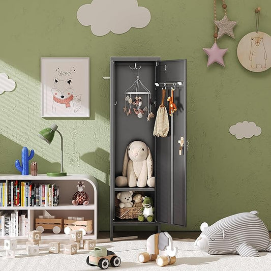 1 Door Metal Storage Lockers with Handle and Hanging Rod,Metal Locker for Employees with Pegboard and Hooks for Home,Office,Gym, School, Garage,Assembly Required,Black