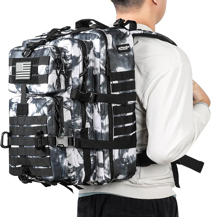 MOLLE Assault Backpack, Tactical Backpack Military Army Camping Rucksack, 3-Day Pack Trip w/USA Flag Patch, D-Rings, Black White camo