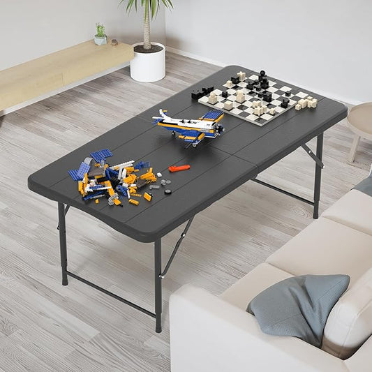 VINGLI 4 FT Plastic Folding Camping Table,3-Level Adjustable Height, Portable in/Outdoor Party Picnic Dining Desk,Off-White Garden Soccer Multipurpose Entertaining Activities, Black