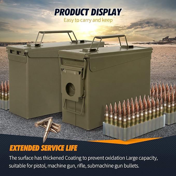 GUGULUZA Metal Ammo Can 30/50 Cal, Lockable Bullet Storage Case, Waterproof & Airtight Containers Box with Flip Top for Long-Term Storage Shotgun, Rifles, Pistols Ammunition