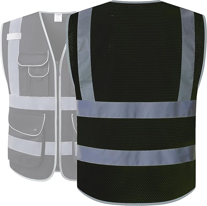 JKSafety 9 Pockets High Visibility Safety Vest for Men and Women, Hi-Vis Reflective Black Safety Vests with Zipper Front, Meet ANSI/ISEA Standards (159-Black 4XL)