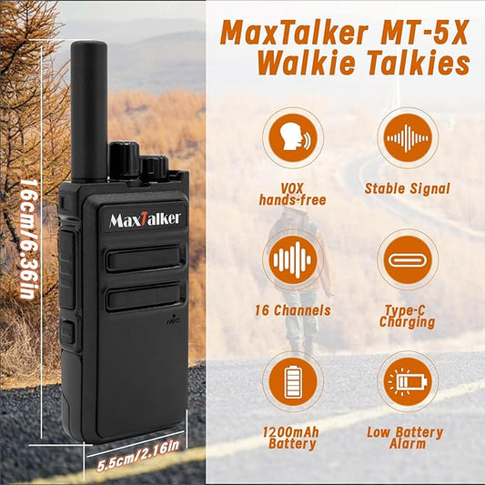 MT-5X Walkie Talkies Long Range for Adults, 2 Way Radio with Conduit Earpiece, Radios Walkie Talkies with Rechargeable Type-C Charging Battery, Two Way Radio for Family, Camping, School(6 Pack)