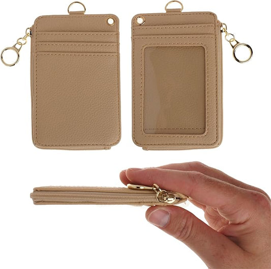 2-in-1 ID Badge Holder & Lanyard Wallet - Multi-Use Womens Small Wallet with Removable Wristlet & Neck Lanyard, Clear Window, 5 Card Slots, Phone Holder, Ring Keychain - Taupe