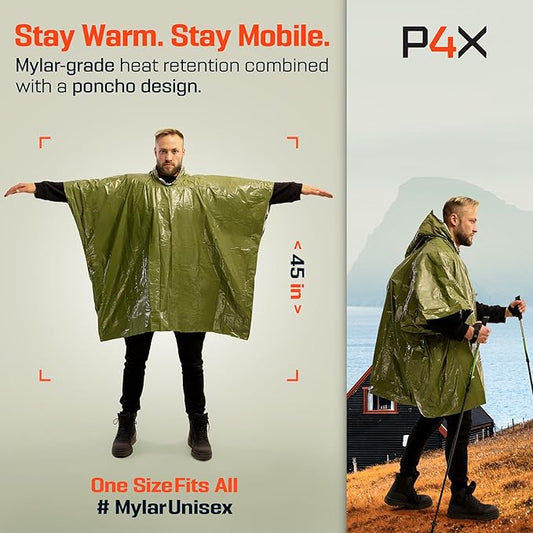 PREPARED4X Emergency Poncho and Mylar Blanket Liner - Waterproof, Wind-Resistant Outdoor Rain Poncho for Camping, Emergencies