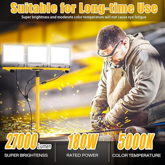 27000 Lumen LED Work Lights on Stand - 3 Head Portable Tripod Work Light- IP65 Waterproof Construction Lights with Stand for Outdoor Indoor Job Site Workshop Garage Commercial Flood Light with Stand
