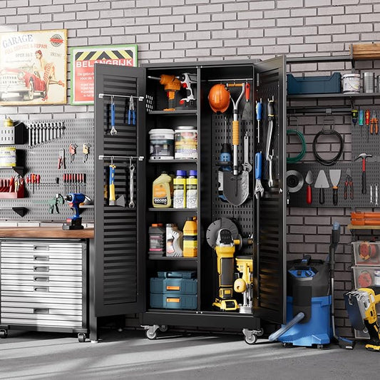 Mop and Broom Closet Storage Cabinet with Wheels and Pegboard,Metal Garage Storage Cabinet with Doors and Adjustable Shelves for Garage Home,Required Assembly,Black