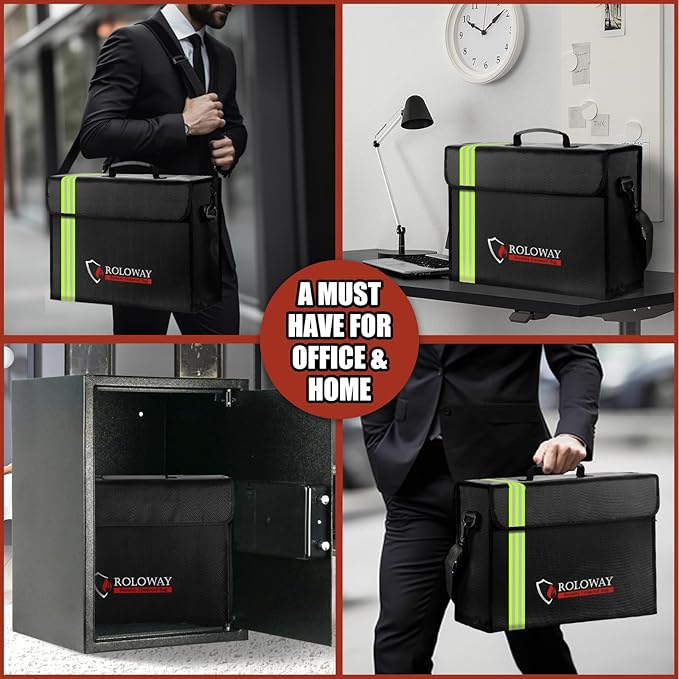 ROLOWAY Large Fireproof Bag 5200℉ Heat Insulated (17 x 12 x 5.8 inches) with Reflective Strip, Fireproof Document Bag for Cash Safe and Document Safe
