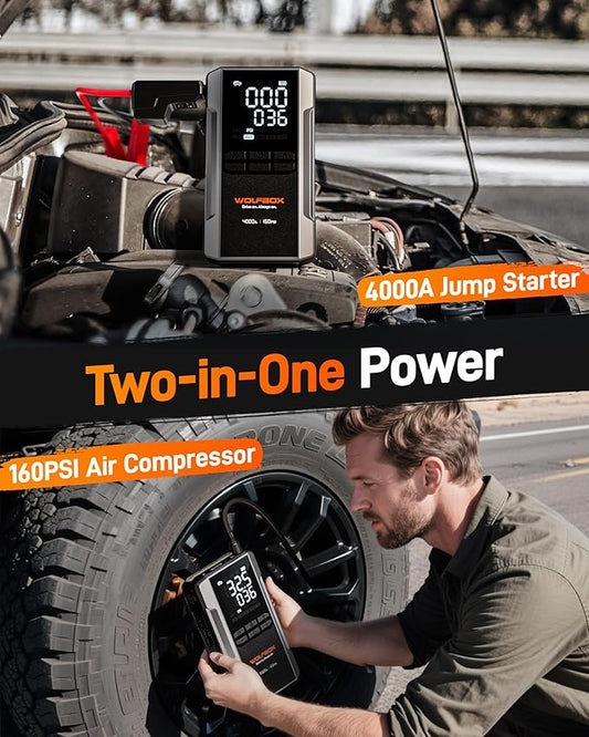 WOLFBOX 4000A Jump Starter with 160PSI Air Compressor, 12V Car Battery Booster, 65W Fast Charge, 24000mAh Portable Tire Inflator, LED Display for 10L Gas & 10L Diesel Engines, LED Light, Jumper Cables