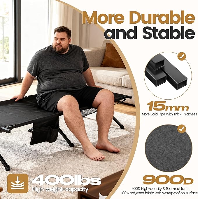 Portable Camping Cot for Adults, 300lbs Heavy Duty Folding Bed with 60s Quick Setup, Compact & Lightweight for Outdoor, Guest, Office Nap, Hospital Stay(Black)