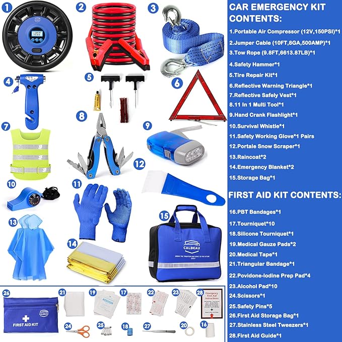 Car Emergency Kit, Emergency Roadside Car Safety Kit with Air Compressor, 10FT Jumper Cable, First Aid Kit, Tow Strap, Safety Hammer, Whistle, Flashlight for Women, Men, Teenager