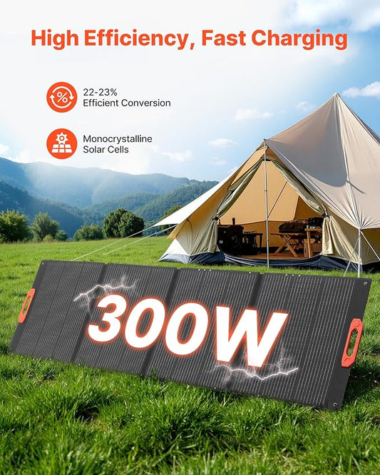 VEVOR 300W Foldable Monocrystalline Solar Panel, 23% High-Efficiency Portable Mono Solar Panel Charger with MC4 Output & 10-in-1 DC Adapters, IP67 Waterproof for Power Stations, Camping, Hiking Trips