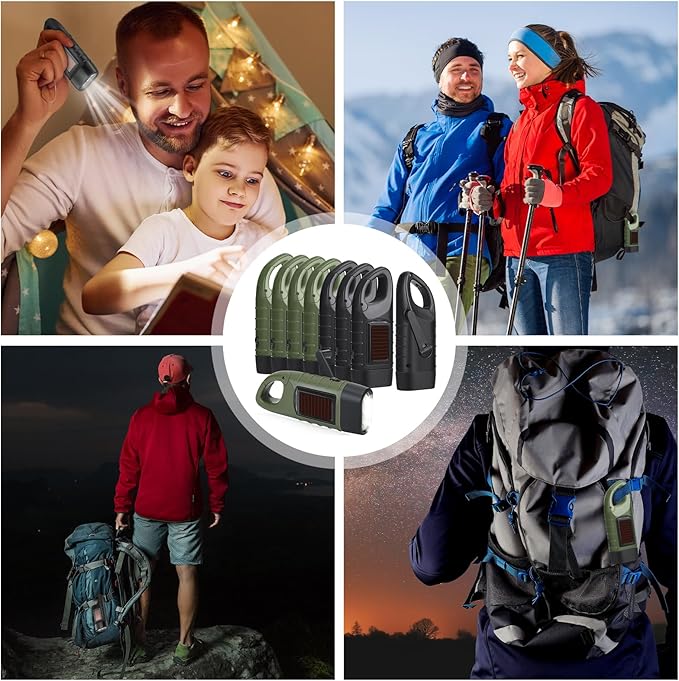 Leelosp 9 Pieces Hand Crank Flashlight Solar Powered Flashlight for Emergencies Dynamo Rechargeable LED Survival Light for Outdoor Sports Hiking Camping (Green,Black)