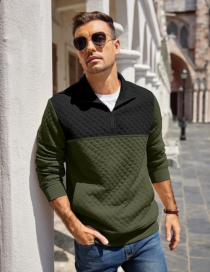 COOFANDY Mens Quarter Zip Pullover Quilted Sweatshirt Knit Long Sleeve Mock Neck Sweater Polo with Pocket