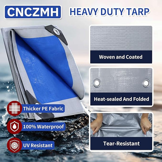 Tarp Waterproof 12x16 Feet, 8 Mil Thick Finished Size Silver/Blue Poly Tarpaulin Outdoor, Metal Grommets, Reinforced Edges, Multipurpose Tarps Protective Cover for Camping Boat Plant