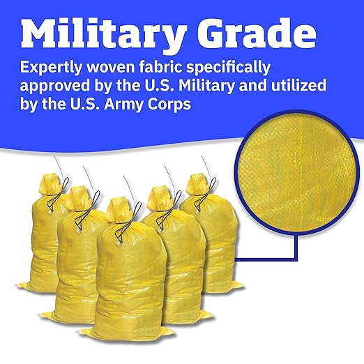 DURASACK Heavy Duty Sand Bags with Tie Strings Empty Woven Polypropylene Sand-Bags for Flood Control with 1600 Hours of UV Protection, 50 lbs Capacity, 14x26 inches, Yellow, Pack of 10