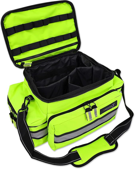 Lightning X Medium First Responder EMT Bag | LXMB25 | w/Reflective, Shoulder Strap & Zippered Compartments for First Aid + Trauma Supplies - Fluorescent Yellow