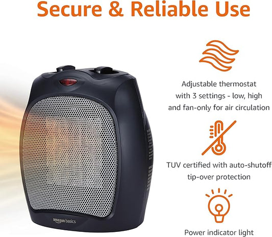 Amazon Basics Ceramic Space Heater, Portable Indoor Heating Solution, With Overheat and Tip-Over Protection, Thermostat, Non-Oscillating, 1500W, 7.52"D x 6.34"W x 9.45"H, Black