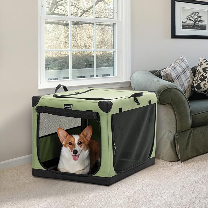 PETSFIT Soft Dog Crate, with Patented Adjustable Fabric Cover, Chewproof & Lockable Mesh Doors, Waterproof Base Collapsible Kennel Green 30 Inch