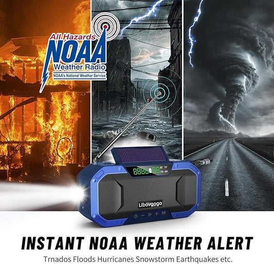 Emergency Radio Waterproof Bluetooth Speaker,Portable Digital AM FM Radio with 5000mAH Cell Phone Charger,Flashlight,Reading Lamp,Hand Crank NOAA Weather Radio with Solar Panel,Emergency Survival Kit