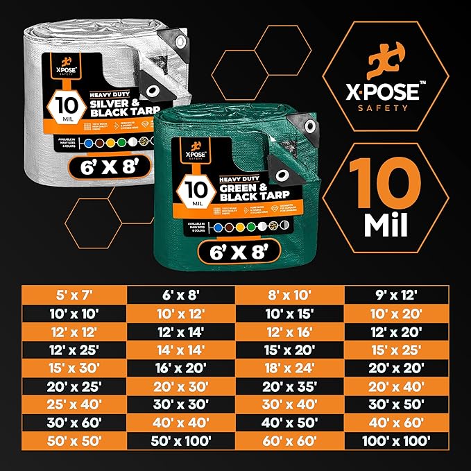 Heavy Duty Poly Tarp - 14' X 14' - 10 Mil Thick Waterproof, UV Blocking Protective Cover - Reversible Green and Black - Laminated Coating - Grommets - by Xpose Safety