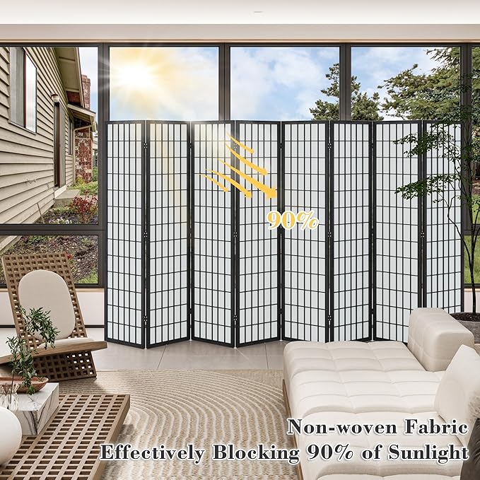 WelFurGeer 8 Panel Shoji Screen Room Divider, Folding Privacy Screens, Room Partitions and Dividers, Decorative Room Dividers, Wall Dividers for Room Separation, Japanese Room Divider for Home (Black)