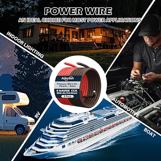 4 Gauge AWG Power/Ground Wire Cable 25 Ft Black+25 Ft Red, High Power Shielded CCA Soft Automotive Welding Battery Wiring Kit,for Car Audio Amp Speaker RV Trailer Marine Solar+ Lugs&Heat Shrink Tubes