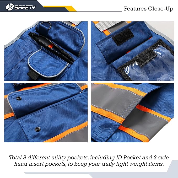 JKSafety 9 Pockets High Visibility Zipper Front Safety Vest | Blue with Dual Tone High Reflective Strips | Meets ANSI/ISEA Standards (901-Blue, XX-Large)