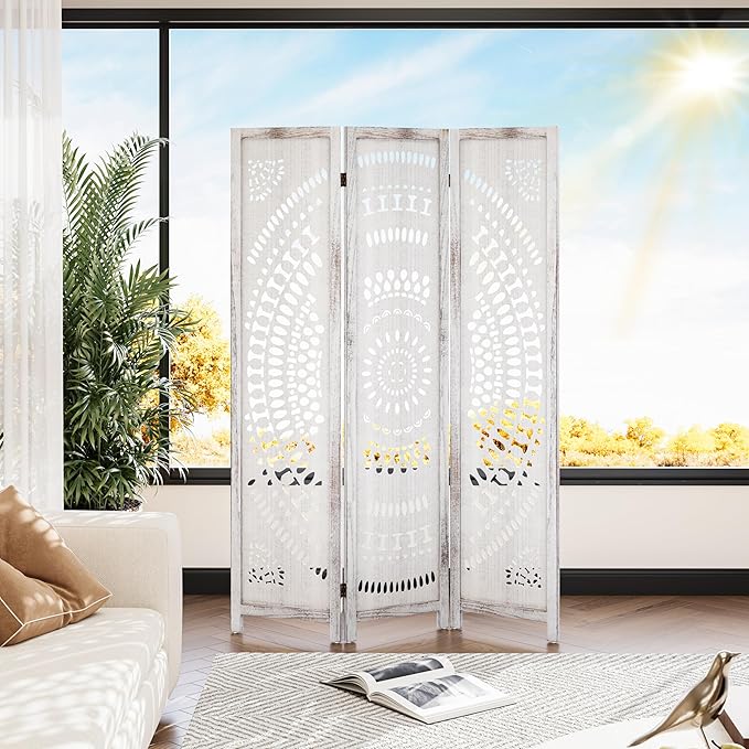 WelFurGeer Handcrafted Carved Wooden Room Divider Screen, Folding Privacy Screen for Room Separation, Decorative Room Dividers, 360° Adjustable Folding Panels for Privacy, Home, Office & Patio