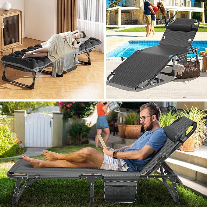 ABORON Patio Lounge Chair, Folding Guest Bed Cot for Adults, 500LB Heavy-Duty Capacity, Portable Extra Bed with Comfort Mat, Quick Fold Design for Indoor Guest Stays & Temporary Use