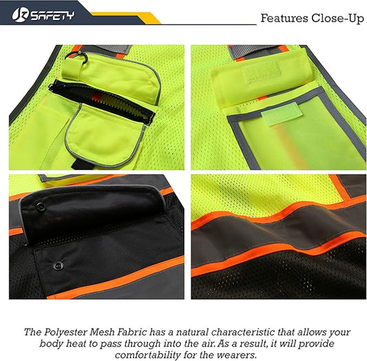 JKSafety 9 Pockets High Visibility Dual Color Zipper Front MESH Lite Safety Vest | Orange Color Triming Reflective Strip | ANSI/ISEA Standards (100-Yellow-Black, M)
