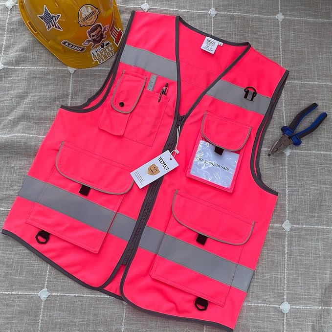 TCCFCCT Pink Safety Vest for Men Women 9 Pockets High Visibility Reflective Vest for Safety, Work Vest with Reflective Strips, Meets ANSI/ISEA Standards, Medium