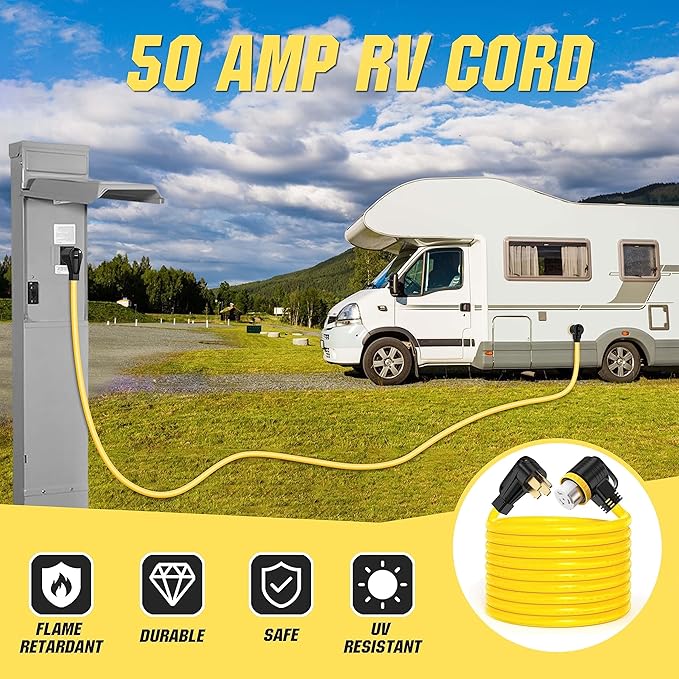 20 Feet 50 Amp RV/Generator Cord, UL Listed, Locking Connector, NEMA 14-50P to SS2-50R Twist Locking, Newly Designed 90°Grip Handle, 6/3+8/1 Gauge STW Wire