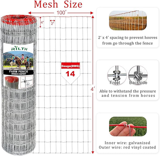 Heavy Duty Horse Fence 4x100FT, 2x4 Inch Mesh, Durable No-Climb Horse Fencing for Cattle, Goats,Sheep,Large Dogs, Livestock, Woven Wire Fencing for Farm, Garden and Field Use