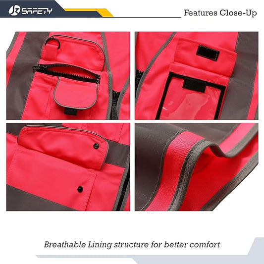 JKSafety 9 Pockets Class 2 High Visibility Zipper Front Safety Vest With Reflective Strips, Meets ANSI/ISEA Standards (Large, 150-Pink)
