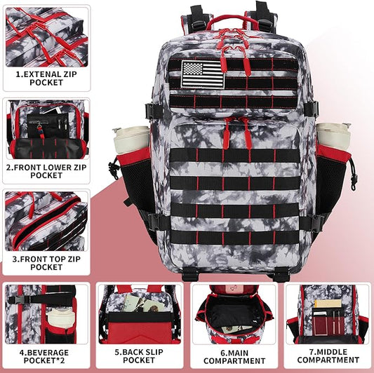 45L Tactical Assault Backpack 3 day assault pack with Molle Waterproof backpack Rucksack for Tactical Backpacks (Black White Red)