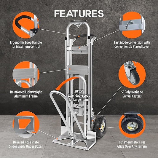 Vergo Industrial Convertible Hand Truck - AS7A2 Heavy Duty Aluminum 3 in 1 Dolly (750 lb Capacity) Lightweight Frame, Ergonomic Handle, Extendable Loop, Versatile Moving Dolly (3 Positions, 53" High)