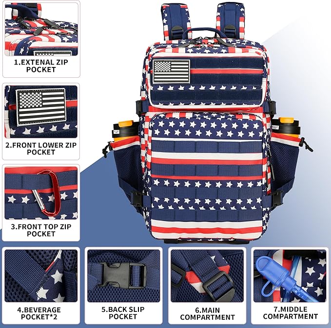 45L Tactical Assault Backpack 3 day assault pack with Molle Waterproof backpack Rucksack for Tactical Backpacks (Striped Flag)